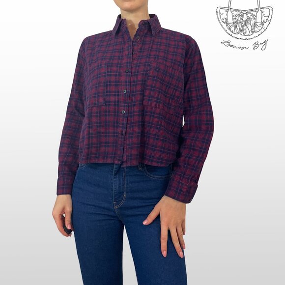 Wild Fable / Cropped Oversize Flannel Plaid Shirt / Size XS / Color Blue Red - Picture 2 of 6
